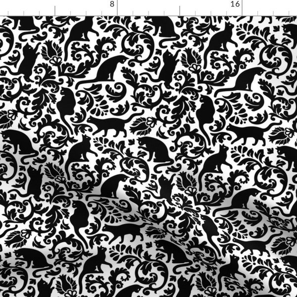 Black Cat Damask Fabric - Cats In The Garden by mirabelle_print - Kitten Cat Damask Black And White Fabric by the Yard by Spoonflower