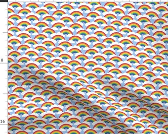 Kids Rainbow Fabric - Small Circle Rainbow - Blue Skies By Weavingmajor - Rainbow and Couds Cotton Fabric By The Yard With Spoonflower