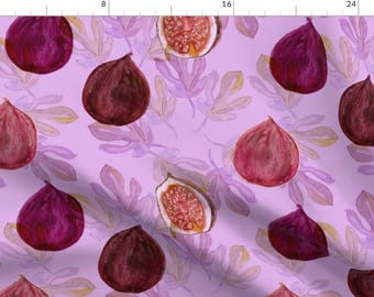 May include: A seamless pattern featuring watercolor illustrations of figs and leaves on a light purple background. The figs are depicted in shades of purple and brown, with some cut open to reveal their inner flesh.
