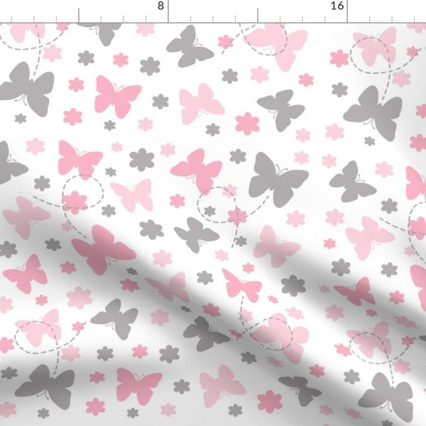 Girl Nursery Fabric - Pink Gray Butterfly Garden By Decamp Studios - Girl Nursery Butterfly Pink Cotton Fabric By The Yard With Spoonflower