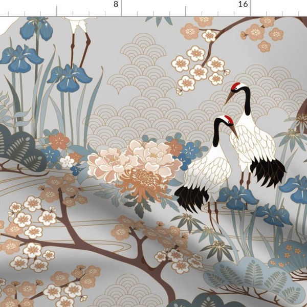 Cherry Blossom Cranes Fabric - Large Scalejapanese Garden Grey 24in By Juditgueth - Asian Cotton Fabric By The Yard With Spoonflower