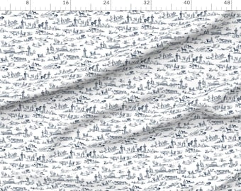 Tecido de cetim clássico extra largo, vintage azul, com estampa de vaca estilo western americana desenhada à mão, vendido por metro. Estilo toile de jouy, da hughes_studio.