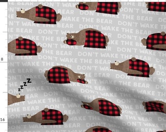 Don't Wake The Bear Fabric - Don't Wake The Bear - Grey By Littlearrowdesign - Bear Plaid Text Cotton Fabric By The Yard With Spoonflower