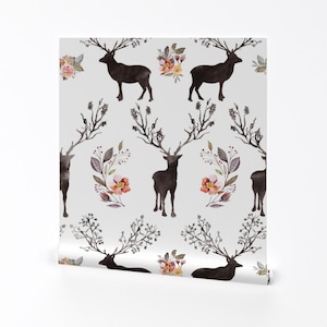 Woodland Wallpaper - 8&quot; Floral Woodland Deer Silhouette By Shopcabin - Custom Printed Removable Self Adhesive Wallpaper Roll by Spoonflower