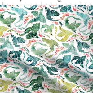 Watercolor Dragons Fabric - Dragon Fire by adenaj - Yellow Green Small Scale Rotated Flying Dragons Fabric by the Yard by Spoonflower