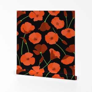 Mohn Tapete - Orange kalifornischer Mohn von Portiamonberg - Schwarz Rot Floral Helle entfernbare selbstklebende Tapetenrolle von Spoonflower
