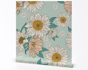 Jumbo Sunflower Wallpaper - Boho Sunflowers By Indybloomdesign - Aqua Blue Summer Removable Self Adhesive Wallpaper Roll by Spoonflower