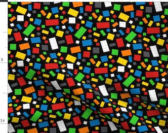 Toy Bricks Fabric - Building Brick Scatter By Designedbygeeks- Kids Children's Toys Rainbow Black Cotton Fabric By The Yard With Spoonflower