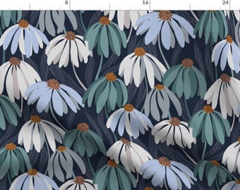 Navy Wilting Daisy Blue Pattern Fabric - Summer Garden On Navy /Scale/ By Lavish Season - Navy Cotton Fabric By The Yard With Spoonflower