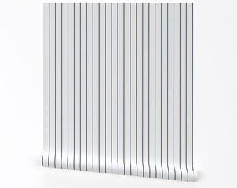Thin Stripe Wallpaper - Navy Pinstripe On White By Glimmericks - Nautical Traditional Removable Self Adhesive Wallpaper Roll by Spoonflower