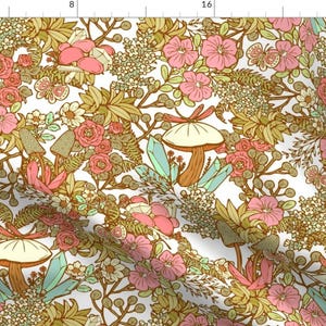 May include: A seamless pattern featuring a whimsical design of mushrooms, flowers, and crystals in shades of pink, yellow, and green on a white background.