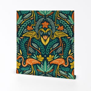 Flamingo Removable Peel and Stick Wallpaper - Bright Damask Orange Mustard Gold - Wall Art Wall Decor - Umber Jungle  by cassandra_oleary