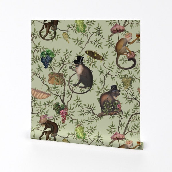 Green Wallpaper - Monkey Garden Party by utart -  Chinoiserie Victorian Animals Rococo Removable Peel and Stick Wallpaper by Spoonflower