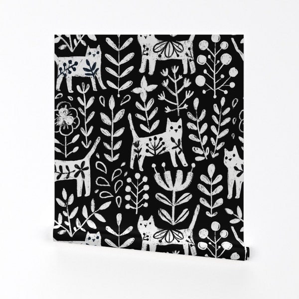 Cat Wallpaper - Life Is Better With A Cat By Kostolom3000 - Black White Swedish Floral Removable Self Adhesive Wallpaper Roll by Spoonflower