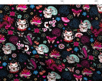 Lucky Cat Fabric - Lucky Cat Maneki Neko , Dragons And Koi Fish-Medium By Miss Fluff - Lucky Cat Cotton Fabric By The Yard With Spoonflower
