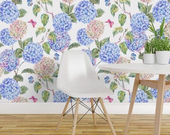 Carta da parati adesiva con ortensie blu - Ortensie botaniche ad acquerello primaverile/estiva - Decorazione murale rimovibile - Ortensie di depiano
