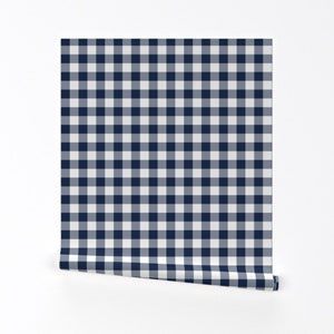Blue Gingham Wallpaper - Blue And White One-Inch Check By Weavingmajor- Custom Printed Removable Self Adhesive Wallpaper Roll by Spoonflower