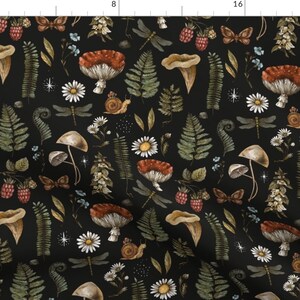 Woodland Fabric - Mushrooms On Black by depiano - Fern Moth Dragonfly Mushroom Wildflowers Fly Agaric Fabric by the Yard by Spoonflower