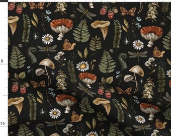 Woodland Fabric - Mushrooms On Black by depiano - Fern Moth Dragonfly Mushroom Wildflowers Fly Agaric Fabric by the Yard by Spoonflower