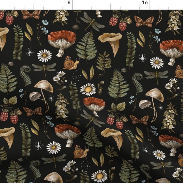 Woodland Fabric - Mushrooms On Black by depiano - Fern Moth Dragonfly Mushroom Wildflowers Fly Agaric Fabric by the Yard by Spoonflower