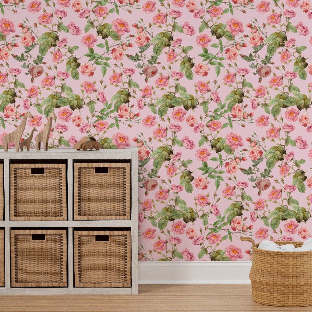 Rose Wallpaper Vintage Roses Pink by Utart Floral - Etsy