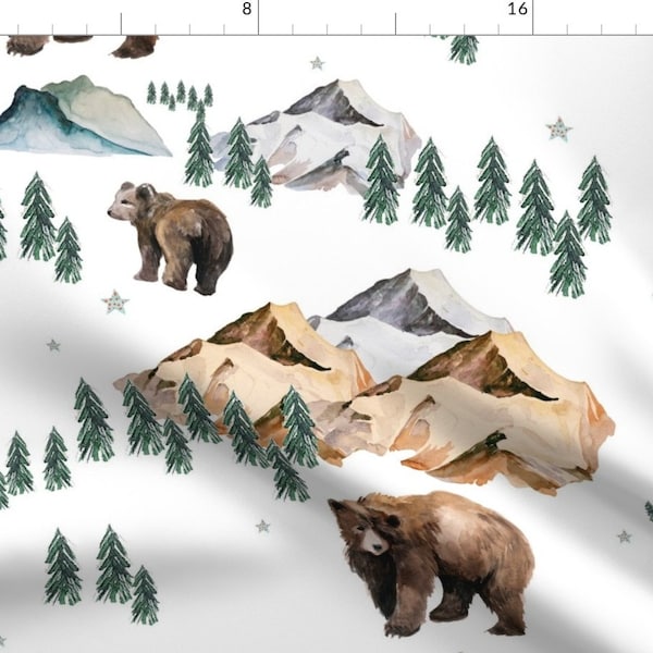 Nursery Fabric - 18" Mama Bear Cub In The Woods By Shopcabin - Woodland Nursery Bear Mountains Cotton Fabric By The Yard With Spoonflower