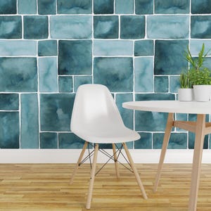 Papel pintado autoadhesivo geométrico color turquesa - Acuarela minimalista moderna a gran escala - Decoración de pared removible - Mosaico de aranmade