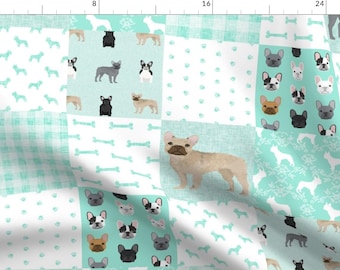 Frenchie Fabric - French Bulldog Aqua Cheater Quilt - Dog, Paw, Puppy, Frenchies By Petfriendly - Cotton Fabric By The Yard With Spoonflower