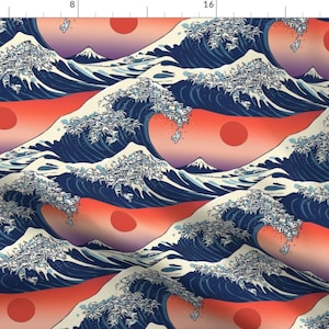 Puppy Japan Wave Fabric - The Great Wave Of Maltese By Huebucket - Japan Sunset Ocean Scenery Cotton Fabric By The Yard With Spoonflower
