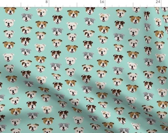 English Bulldog Fabric - English Bulldog Faces Fabric Cute Mint Dog Design Cute By Petfriendly  -Cotton Fabric By The Yard With Spoonflower