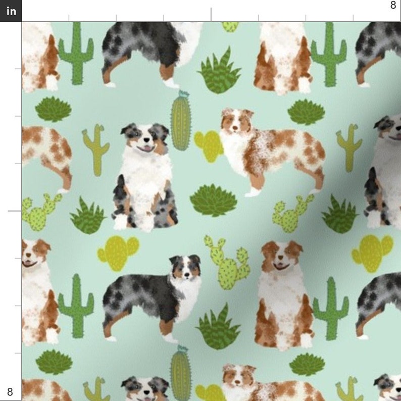 Australian Shepherds Fabric Dogs Cute Cactus Mint Blue Red Merle Aussie Dog By Petfriendly Cotton Fabric by the Yard with Spoonflower image 2