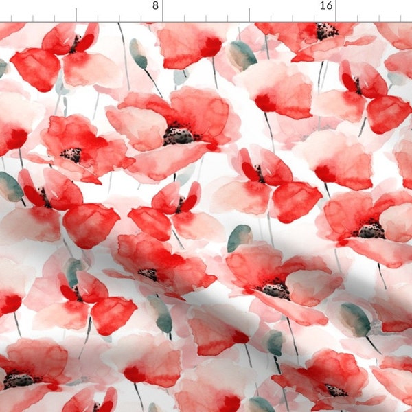 Red Floral Fabric - 18" Poppy Hand Drawn Watercolor Poppies White By Utart - Watercolor Abstract Cotton Fabric By The Yard With Spoonflower