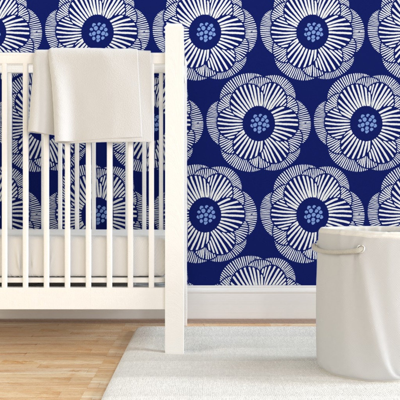 Floral Wallpaper Camellia White On Dark Blue/Large By | Etsy