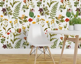 Botanicals Wallpaper - Vintage Botanical Wildflower By Redbriarstudio - Custom Printed Removable Self Adhesive Wallpaper Roll by Spoonflower