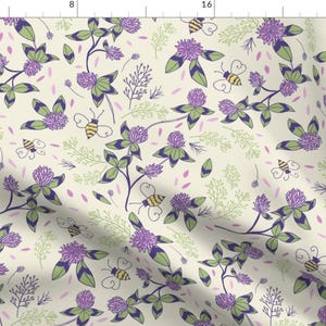 Honeybees Fabric - Honey Bees And Clovers By Jacquelinehurd - Bumblebee Purple Wildflowers Floral Cotton Fabric By The Yard With Spoonflower