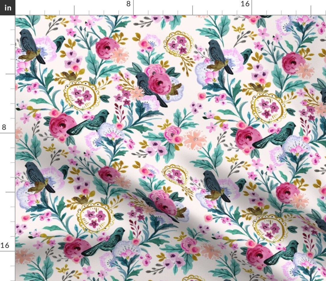 Blue Birds Fabric Vintage Birds and Blooms by Crystal Walen Floral