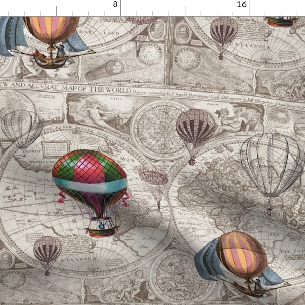 Hot Air Balloons Fabric - Steampunk Map By Aftermyart - Hot Air Balloons Vintage Steampunk Beige Cotton Fabric By The Yard With Spoonflower