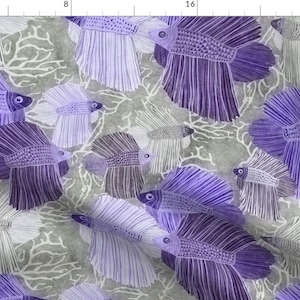 Betta Splendens Fish Fabric - Purple By Kociara - Betta Fish Ocean Swim Fins Nature Purple Gray Cotton Fabric By The Yard With Spoonflower