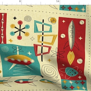 Ufo Fabric - Space Age Fun! Cheater Quilt By Studioxtine - Retro Mid Century Atomic Green Red Cotton Fabric By The Yard With Spoonflower