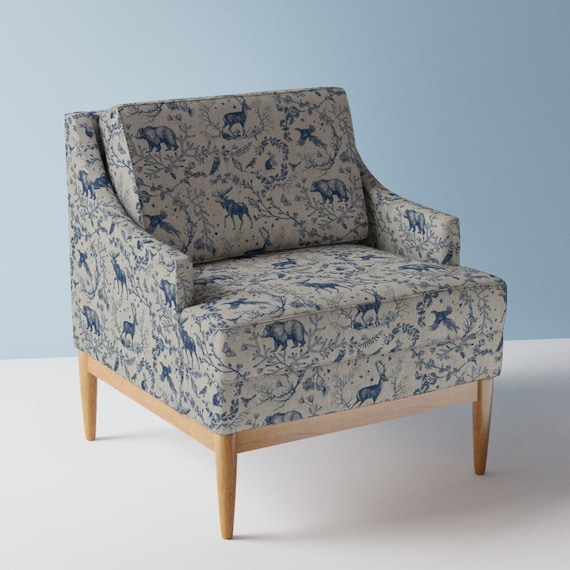 Woodland Toile Upholstery Fabric- Winter Toile Blue by nouveau_bohemian - Winter Holidays Blue And Tan  Fabric By The Yard With Spoonflower