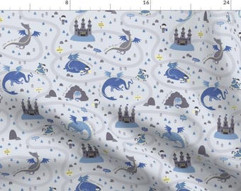 Dragon Fabric - Beware Dragon By Ewa Brzozowska - Dragon Castle Novelty Map Boy Nursery Apparel Cotton Fabric By The Yard With Spoonflower