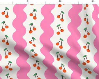 Coquette Fabric - Cherry Squiggle by pemjo_studio - Y2k Preppy Wide Stripe Cherries Retro Fruit Stripes Fabric by the Yard by Spoonflower