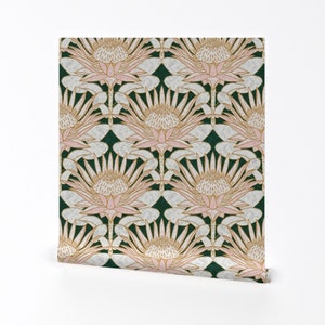 King Protea Wallpaper - Rose Art Deco (Forest Green) 18” By Helenpdesigns - Custom Printed Self Adhesive Wallpaper Roll by Spoonflower