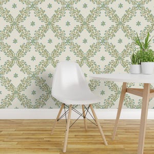 Traditional Trellis Peel and Stick Wallpaper - Teal Sage Hand Drawn - Removable Wall Decor Art - Vine Buttercup by carolyntemadesigns