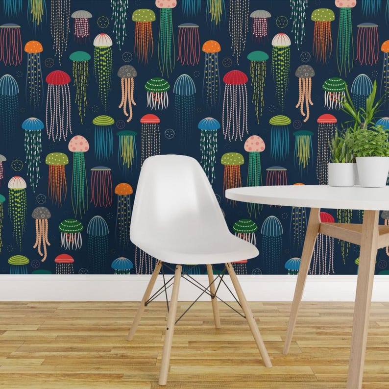 Jellyfish Peel and Stick Wallpaper - Nautical Underwater Sea Life Ocean Animals - Removable Wall Decor Art - Just Jellies by katerhees image 1