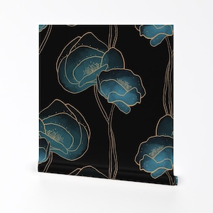 Elegante Mohnblume Entfernbare Tapete - Blaues Aquarell Art Deco - Wandkunst-Wanddekor - Dramatische Dekomohnblumen von jmariecreates