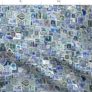 Blue Stamp Collage Fabric - Blue Postage Stamp Collage, Seamless Repeat By Weavingmajor - Stamp Cotton Fabric by the Yard With Spoonflower