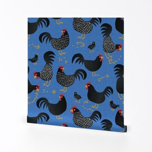 Blue French Chickens Wallpaper - French Chickens by teri_larson - Bird Blue Large Farm  Removable Peel and Stick Wallpaper by Spoonflower