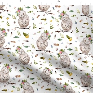 Woodland Fabric -  Spring Breeze Owl - White By Shopcabin - Woodland Owls Animal Nursery Brown Cotton Fabric By The Yard With Spoonflower