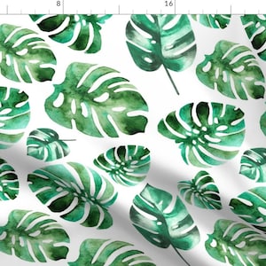 Tropical Leaves Fabric - 14&quot; Kingman Drive By Shopcabin - Tropical Jungle Watercolor Green Leaves Cotton Fabric By The Yard With Spoonflower